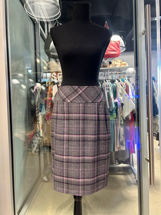 Grey and purple plaid midi pencil skirt
