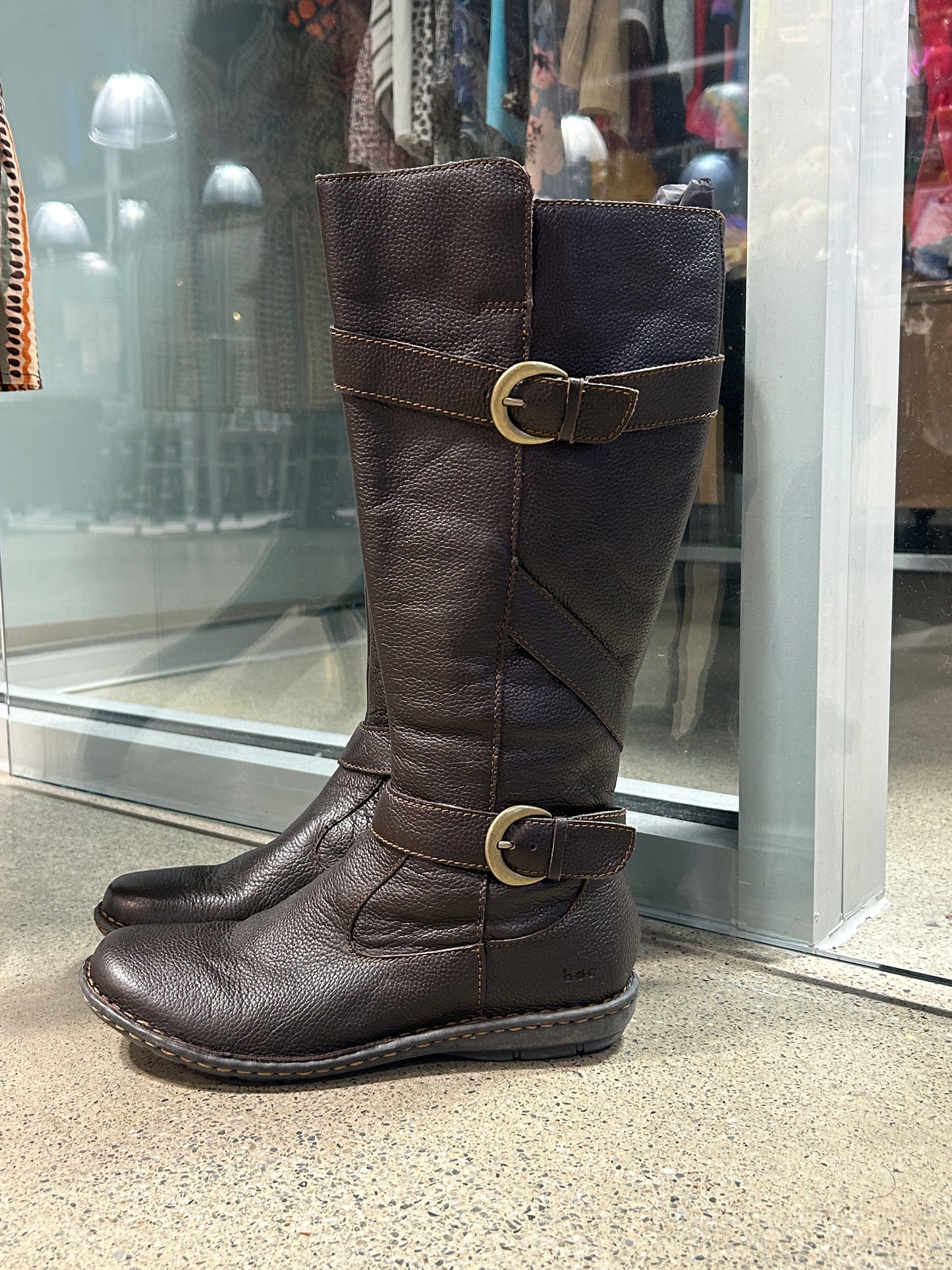 Dark brown Leather knee high Boots with Buckle Details