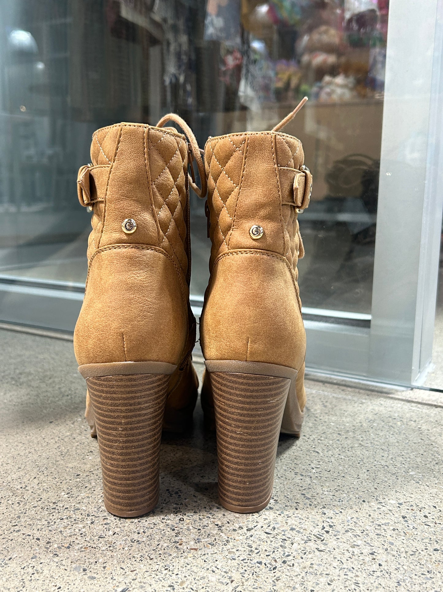 Tan quilted chunky heel ankle booties