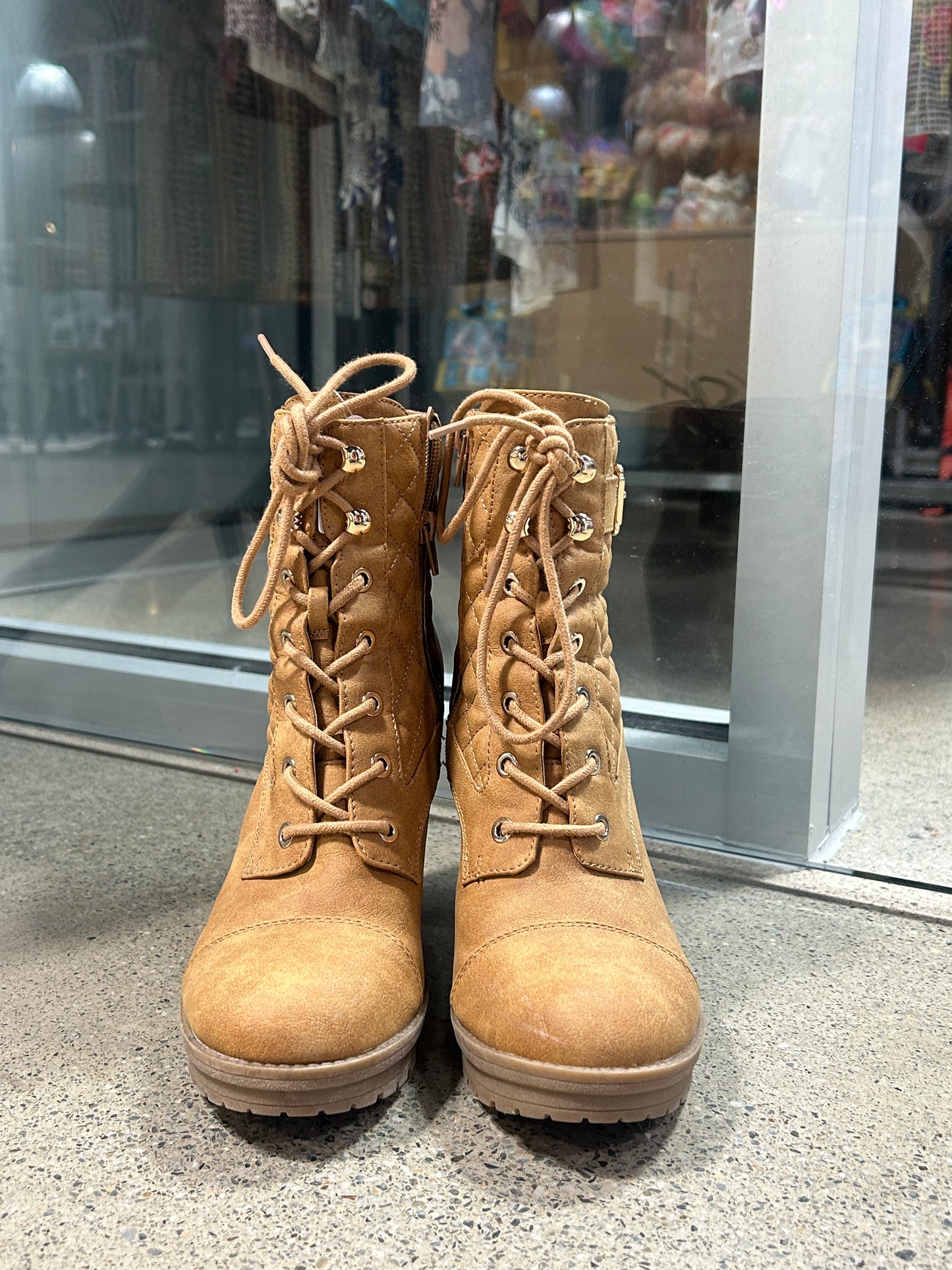 Tan quilted chunky heel ankle booties