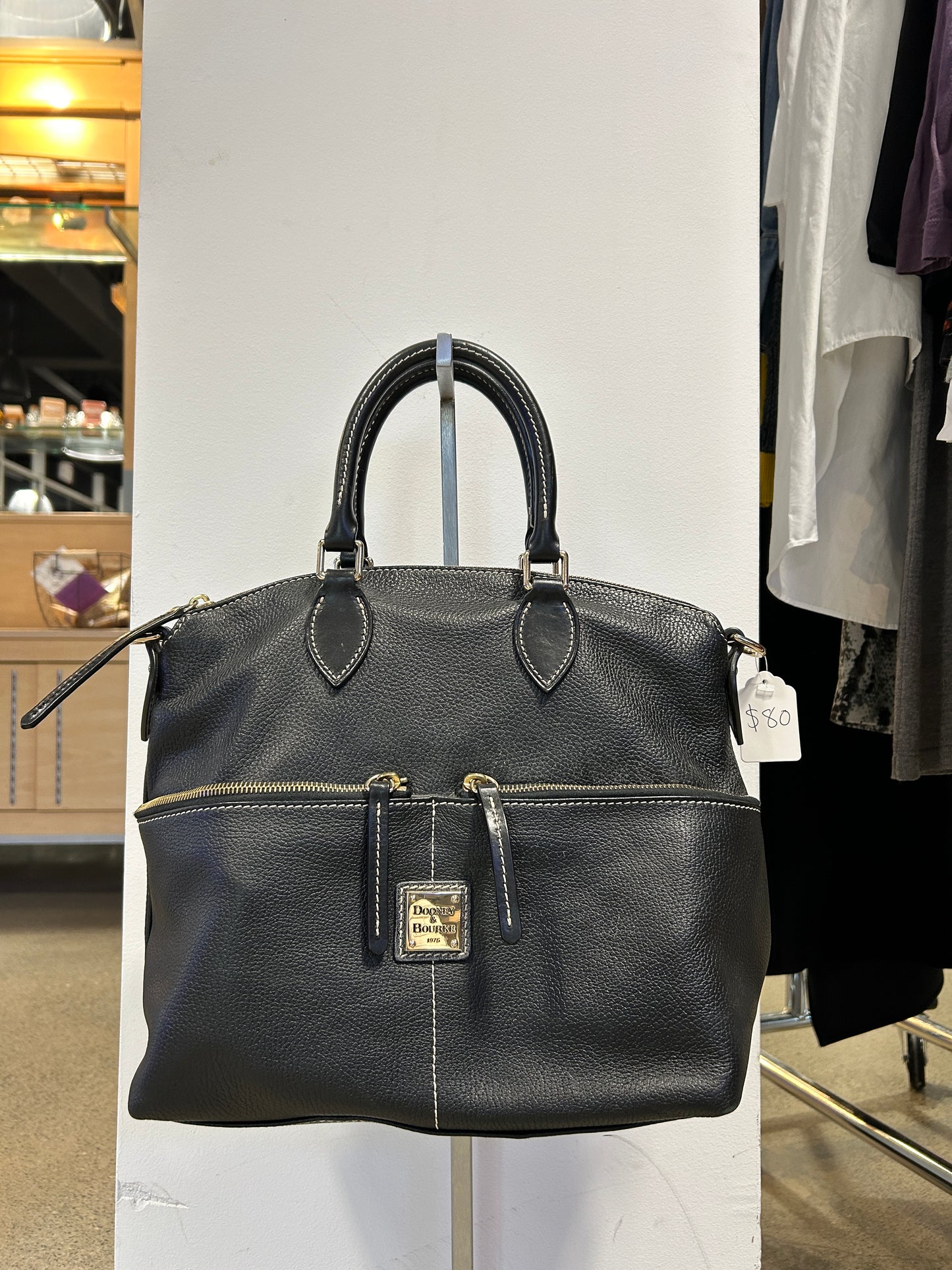 Black Pebble Grain Double Pocket Satchel Zipper Shoulder Handbag