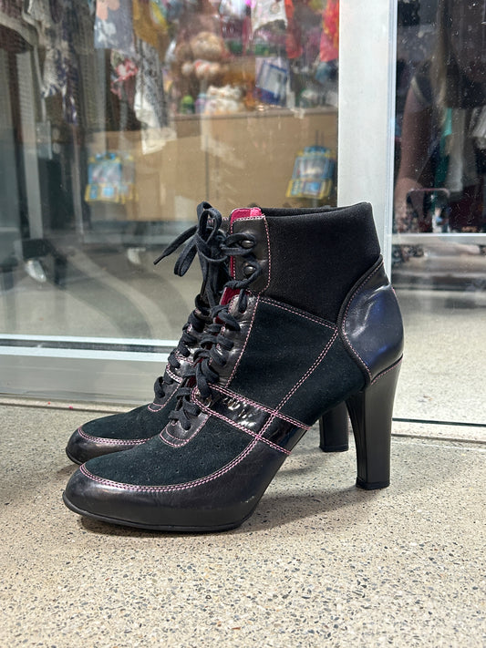 Black and pink lace-up heel boots