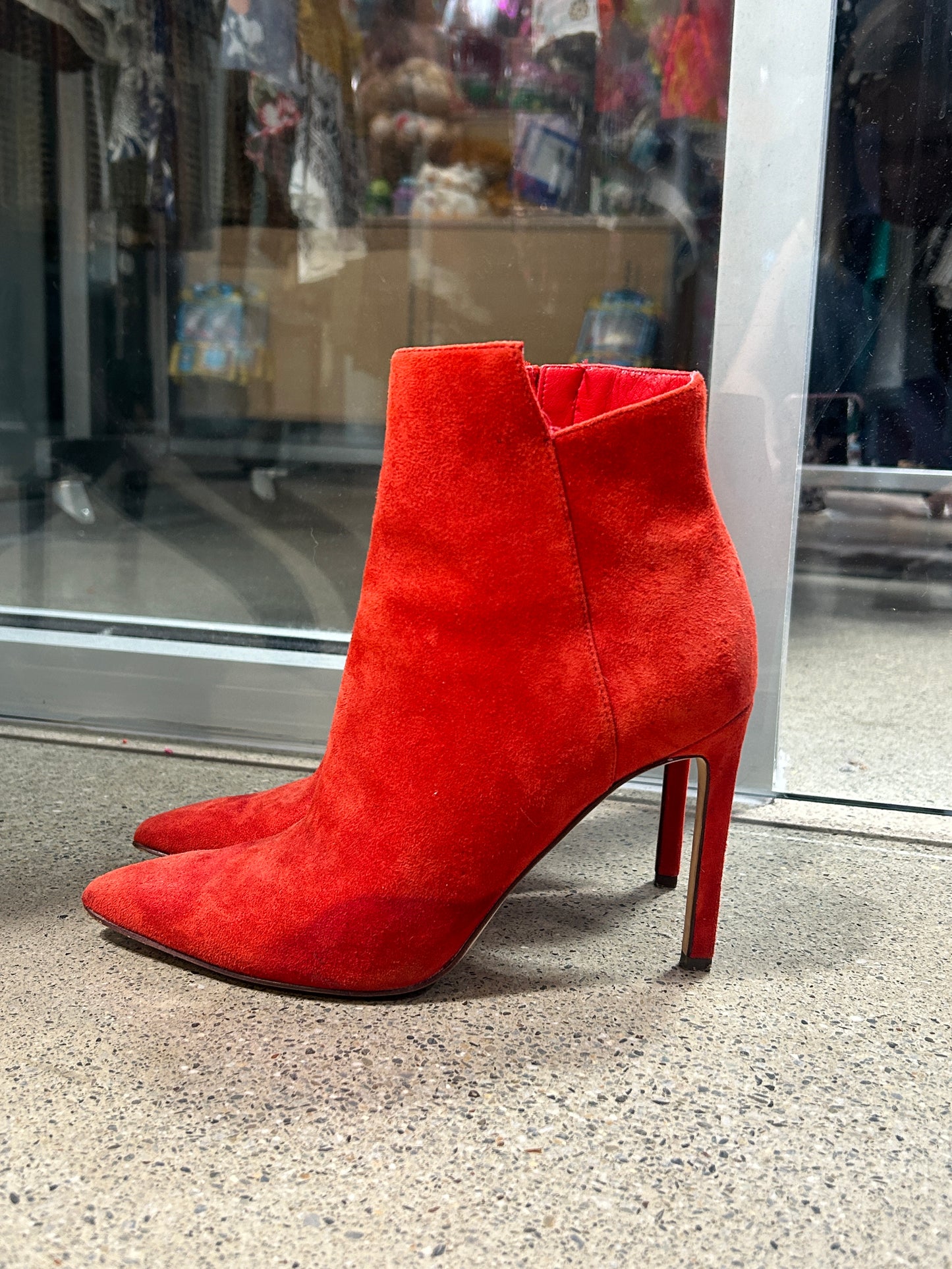 Red suede heeled booties