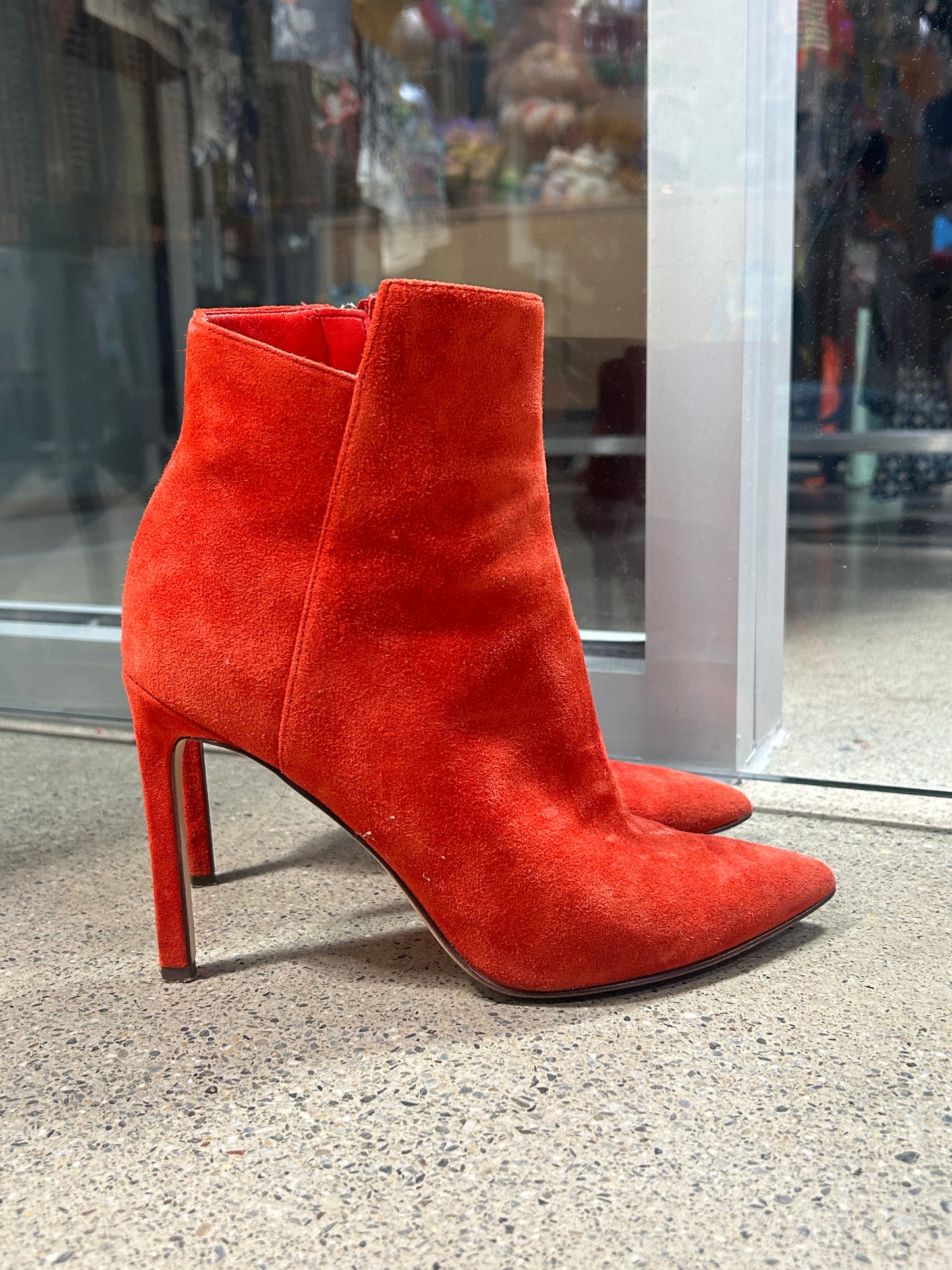 Red suede heeled booties