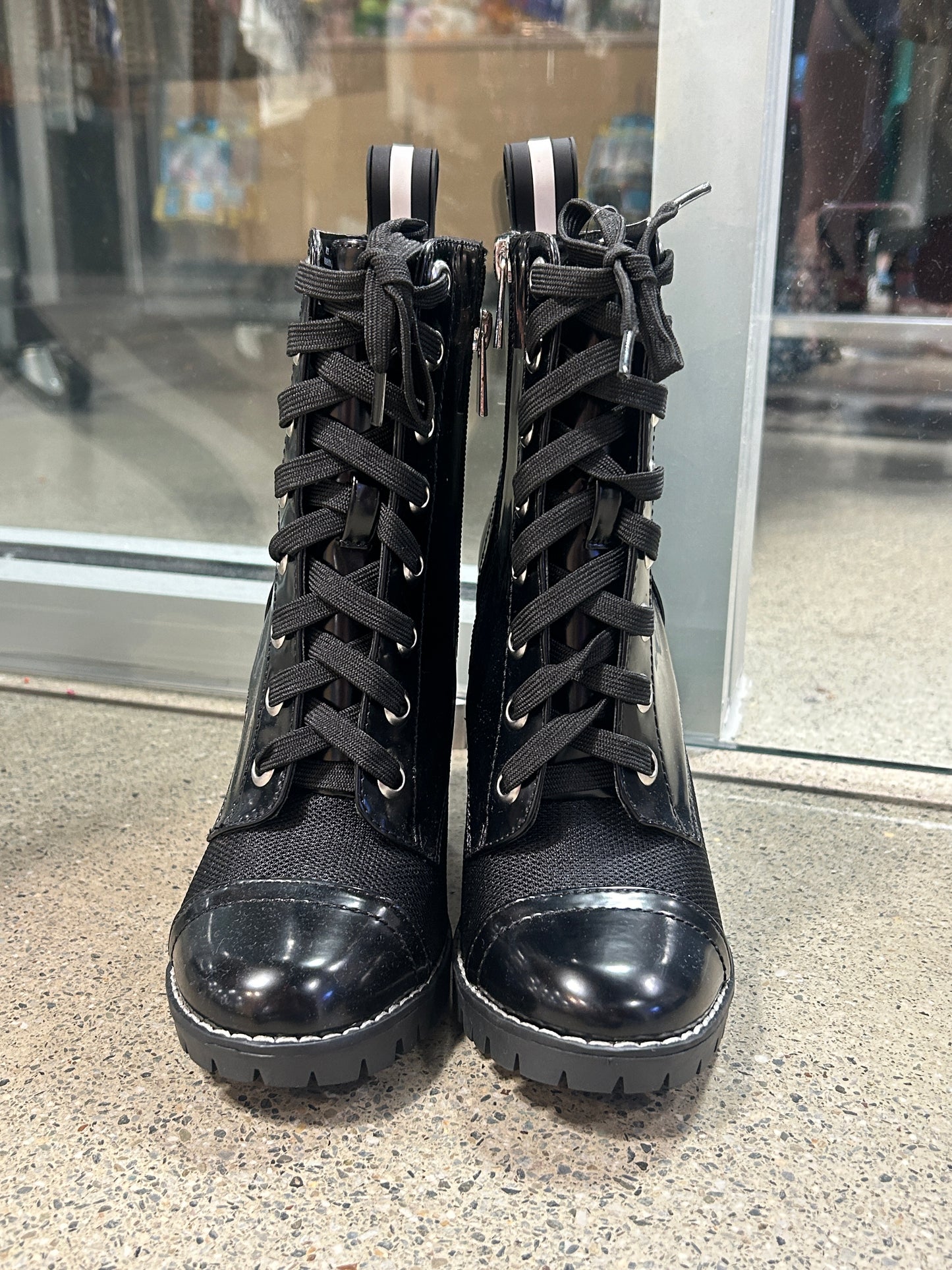 Black leather combat style chunky heel boots