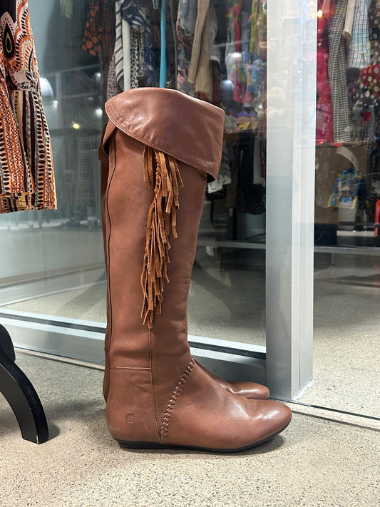 Brown leather knee-high fringe boots