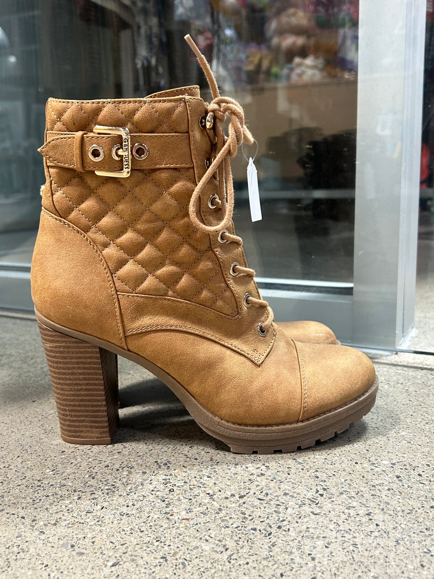 Tan quilted chunky heel ankle booties