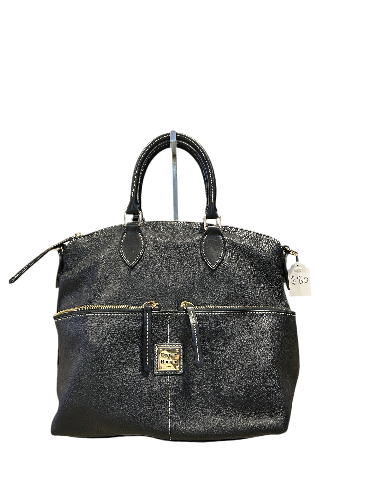 Black Pebble Grain Double Pocket Satchel Zipper Shoulder Handbag
