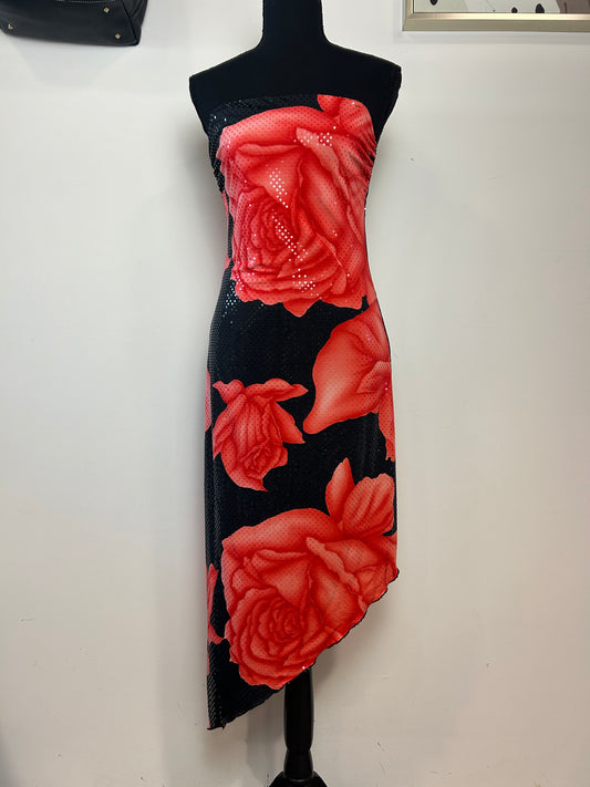 Vintage asymmetrical black with rose pattern sequin dress