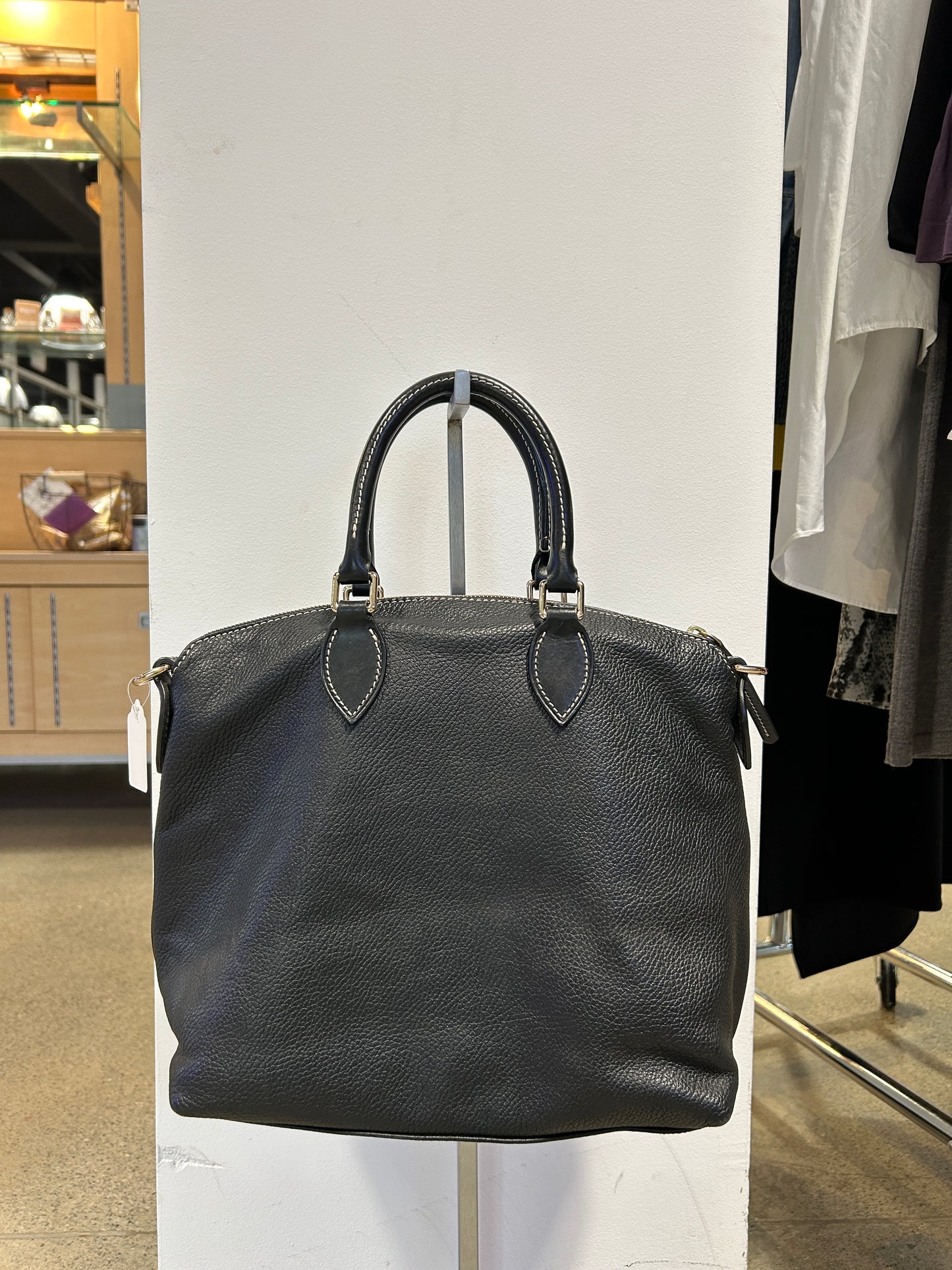 Black Pebble Grain Double Pocket Satchel Zipper Shoulder Handbag