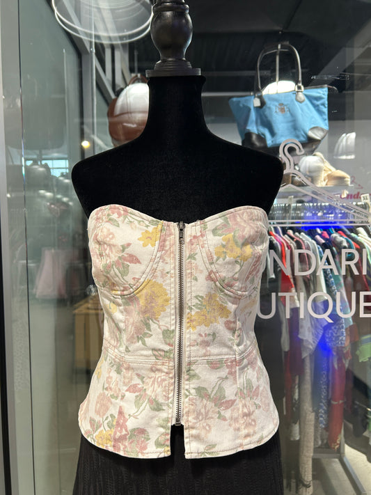 “Highway Jeans” floral denim corset top