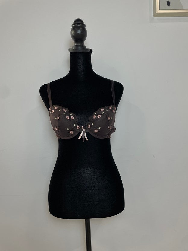 Brown Lace Trim Flower Embroidery Bra