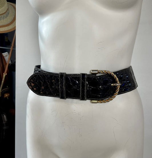 Black Reptile Skin Gold Round Buckle Belt