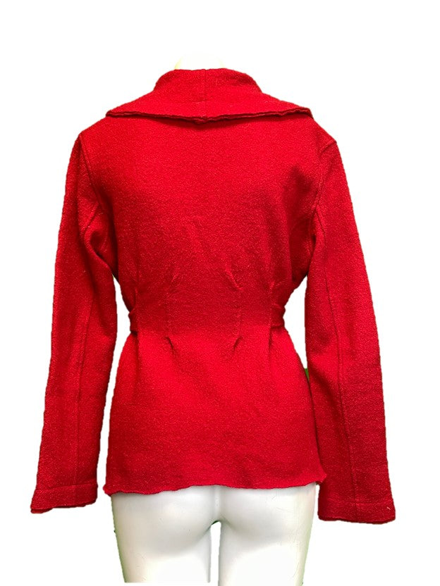 Red Wool Collared Deep Cut Mini Coat With Tie