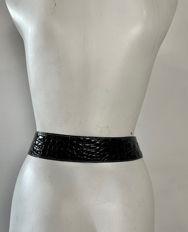 Black Reptile Skin Gold Round Buckle Belt