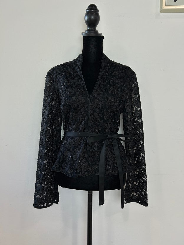 Black Lace Beaded Long Sleeve Button v Neck Belted Top