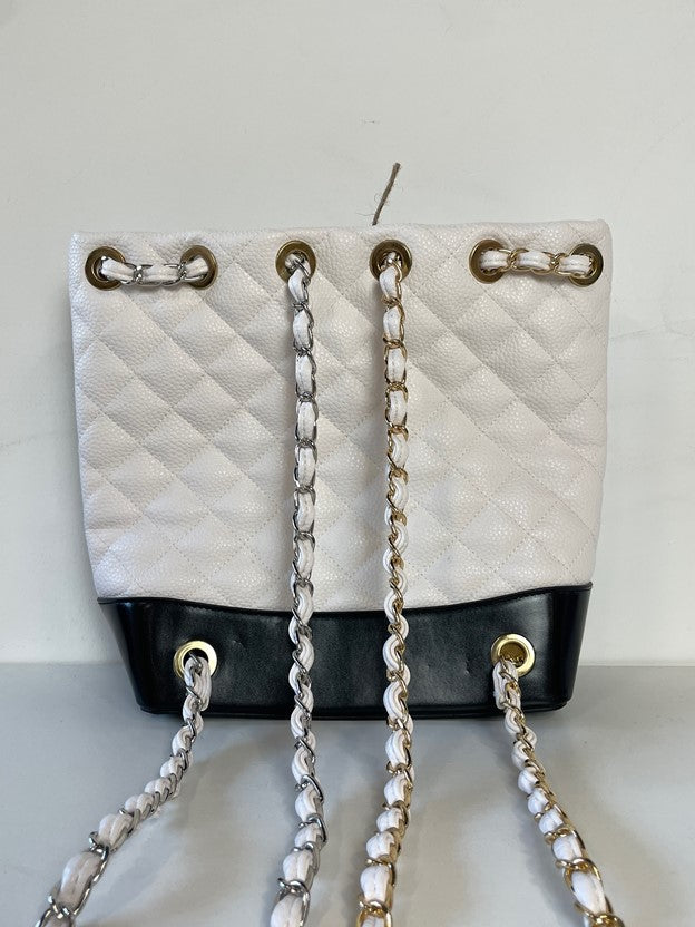 White Guilted Leather Mixed Metal Chain Strap Backpack