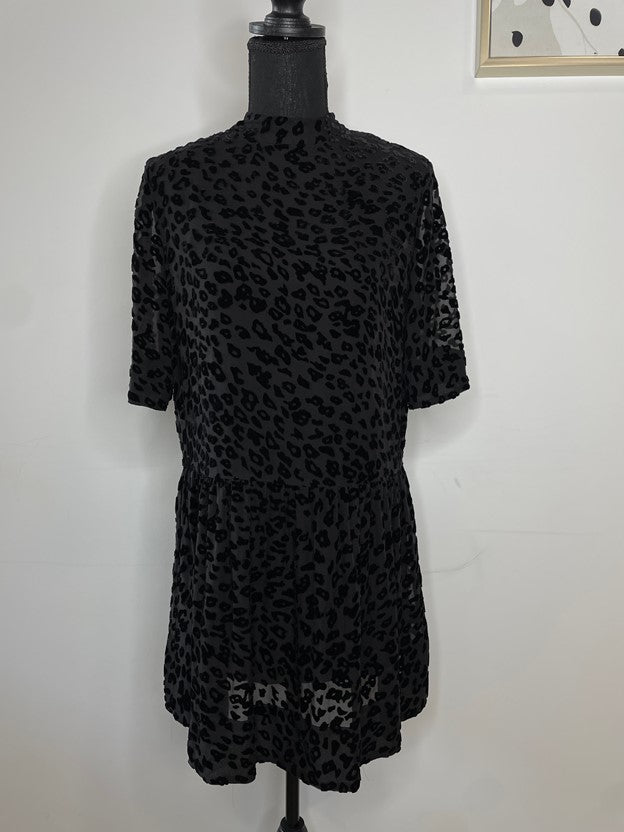 Sheer 2 Layer Suede Leopard Dress High Neck