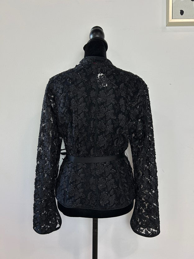 Black Lace Beaded Long Sleeve Button v Neck Belted Top