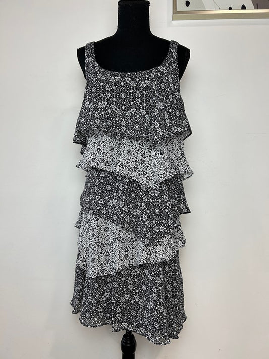 B&W Floral Tiered Ruffle Dress