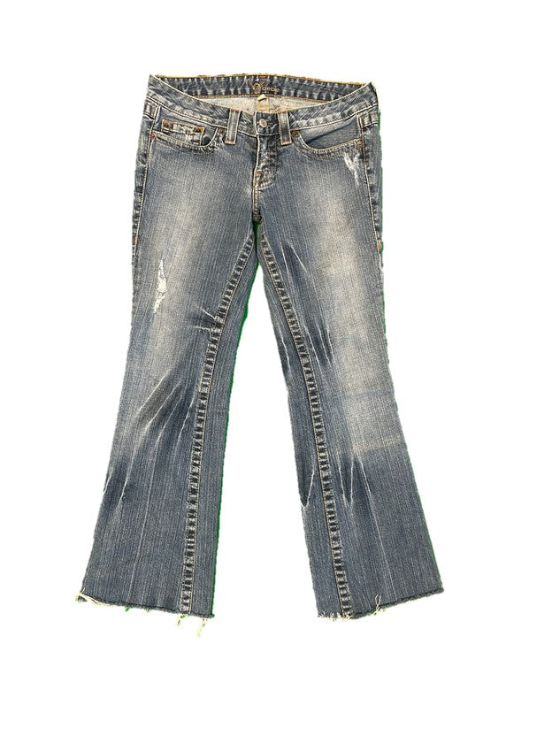 Blue Denim Extra Low Rise Rhinestone Pocket Bootcut Jean