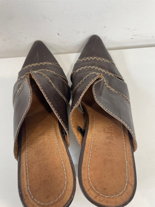 Brown Leather Stich Detail Pointed Toe Mules