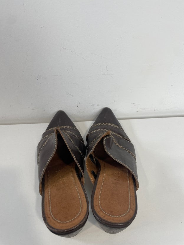 Brown Leather Stich Detail Pointed Toe Mules