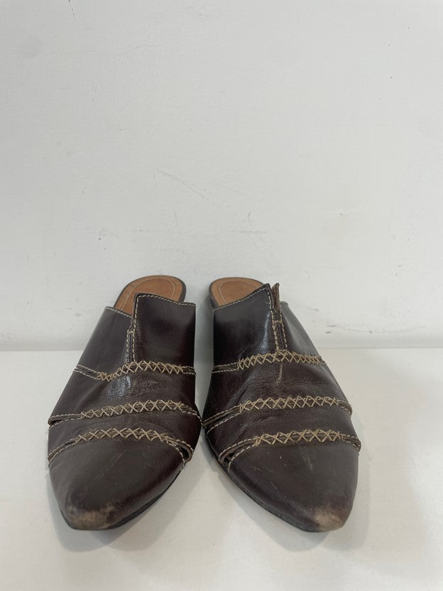 Brown Leather Stich Detail Pointed Toe Mules