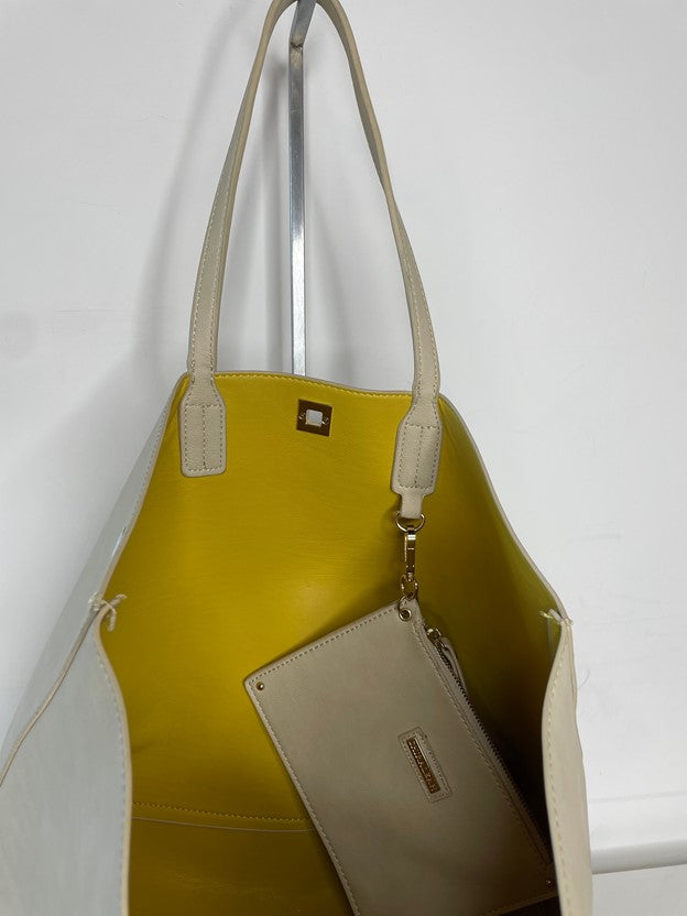 Beige Leather Tote Bag with Tassel