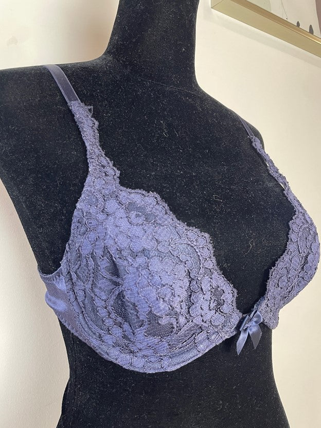 Vintage Navy Blue Lace Bra With Bow