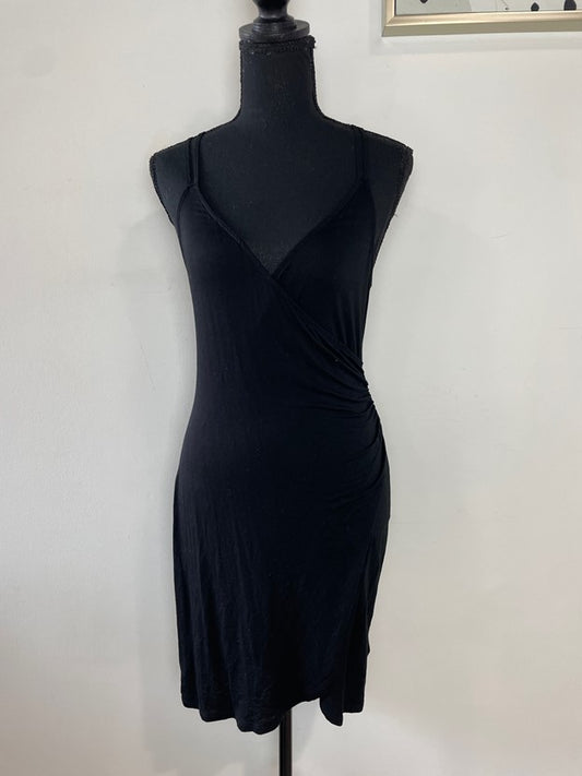 Black v Neck Ruched Side Cross Back Mini Dress