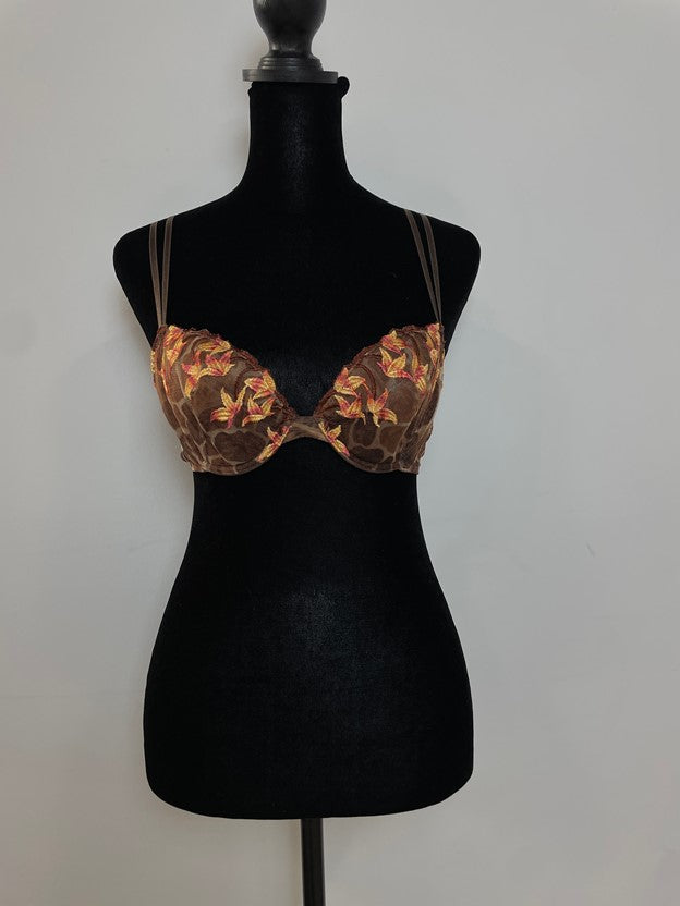 Brown Animal Print Embroidered Floral Detail Bra
