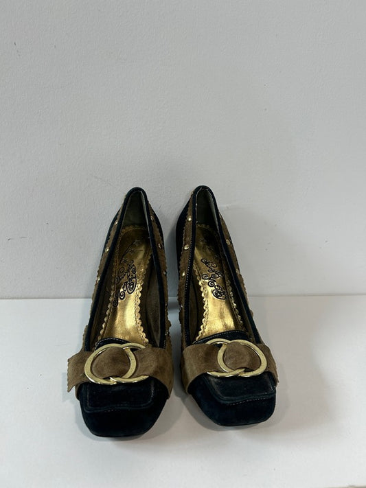 Square Toe High Heels Shoes Studded Suede Leather Gold