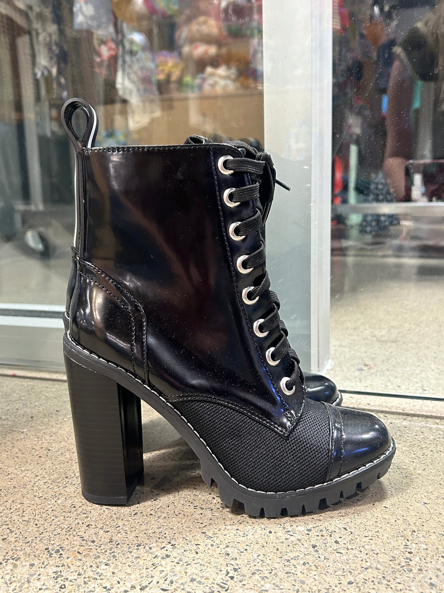 Black leather combat style chunky heel boots