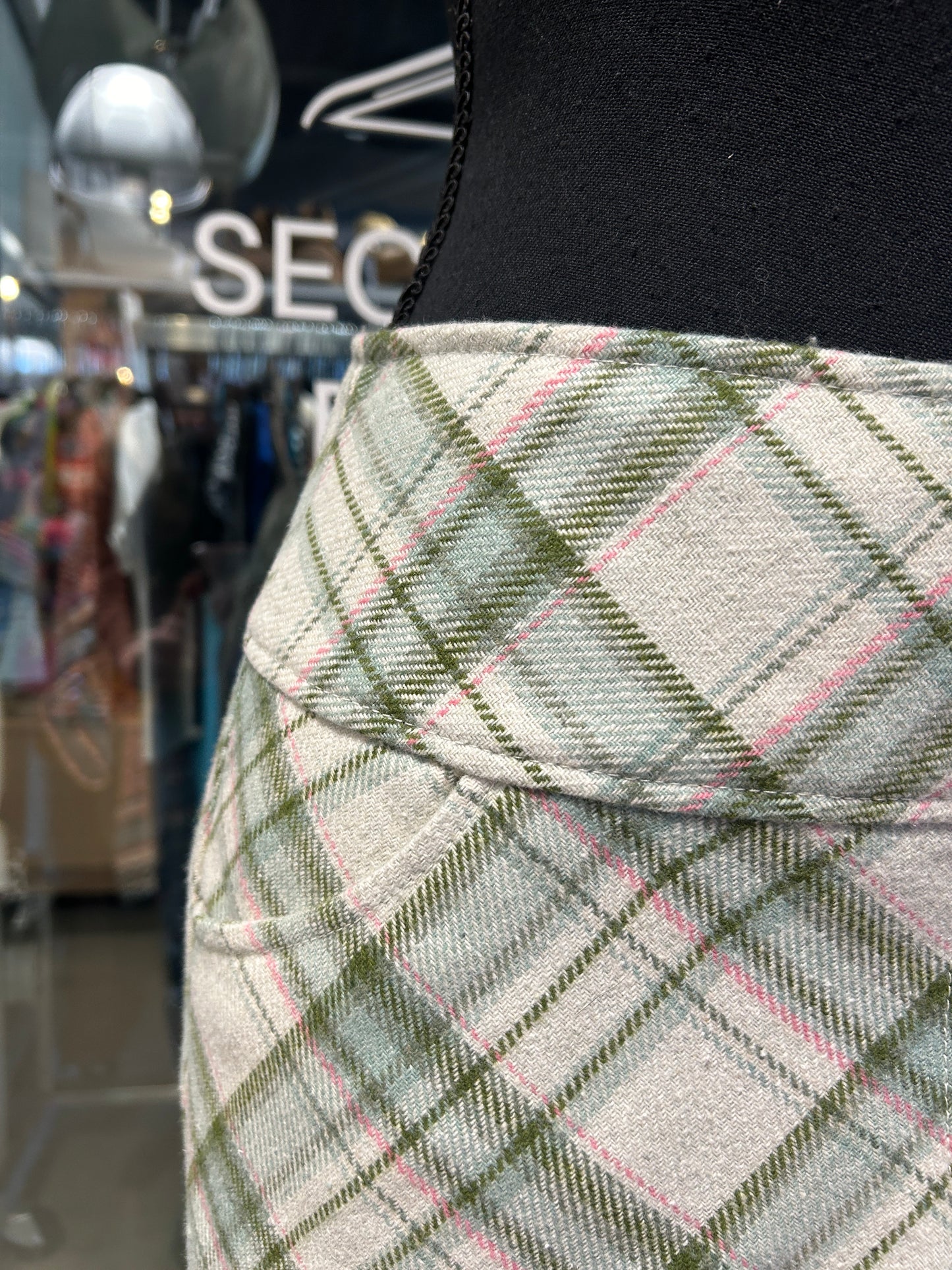 Pink and green plaid midi skirt