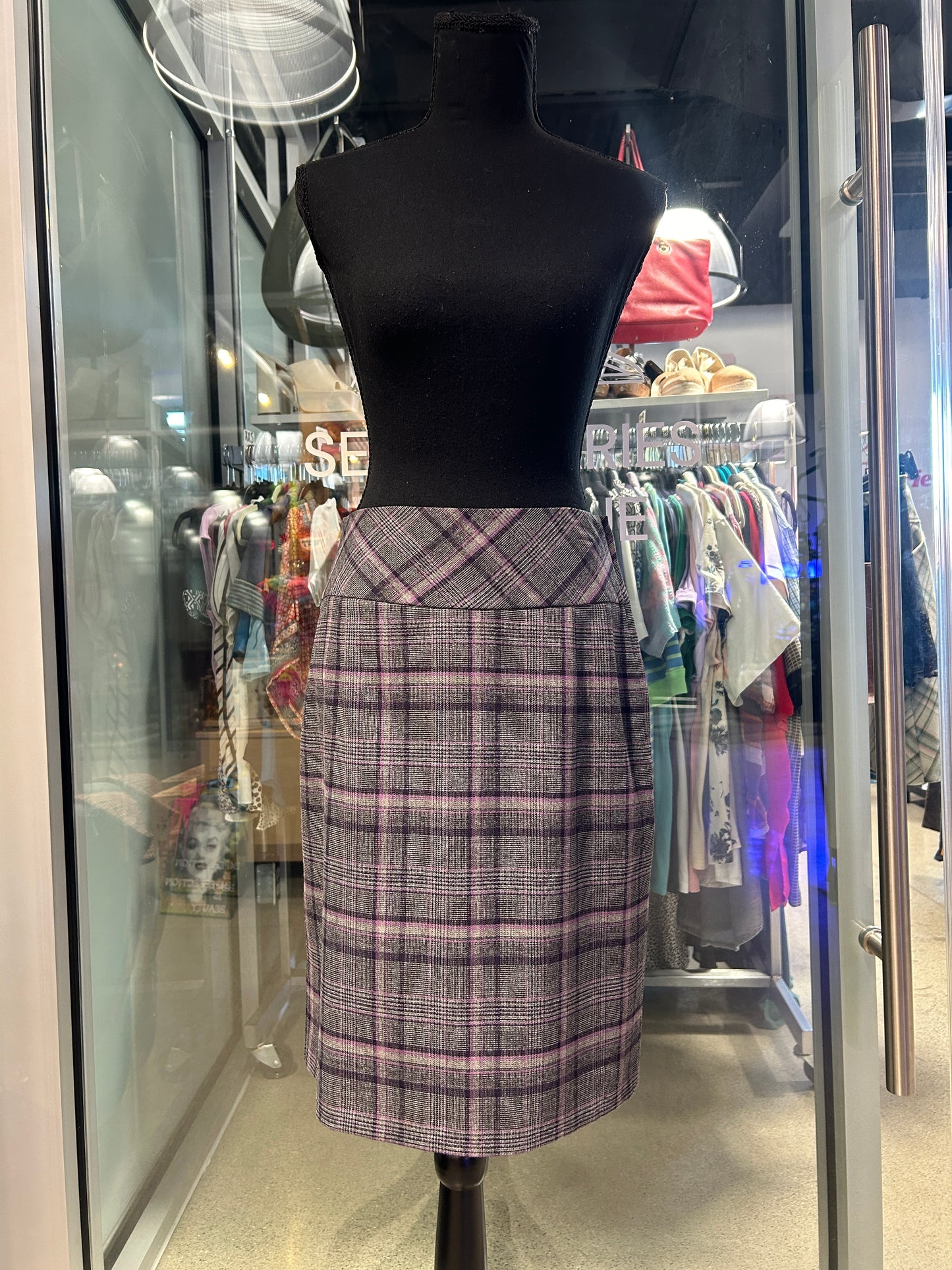 Grey and purple plaid midi pencil skirt