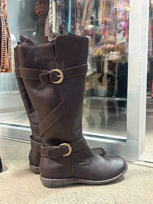 Dark brown Leather knee high Boots with Buckle Details