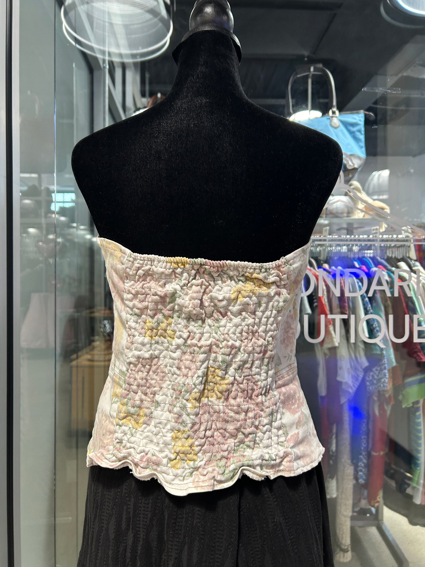 “Highway Jeans” floral denim corset top