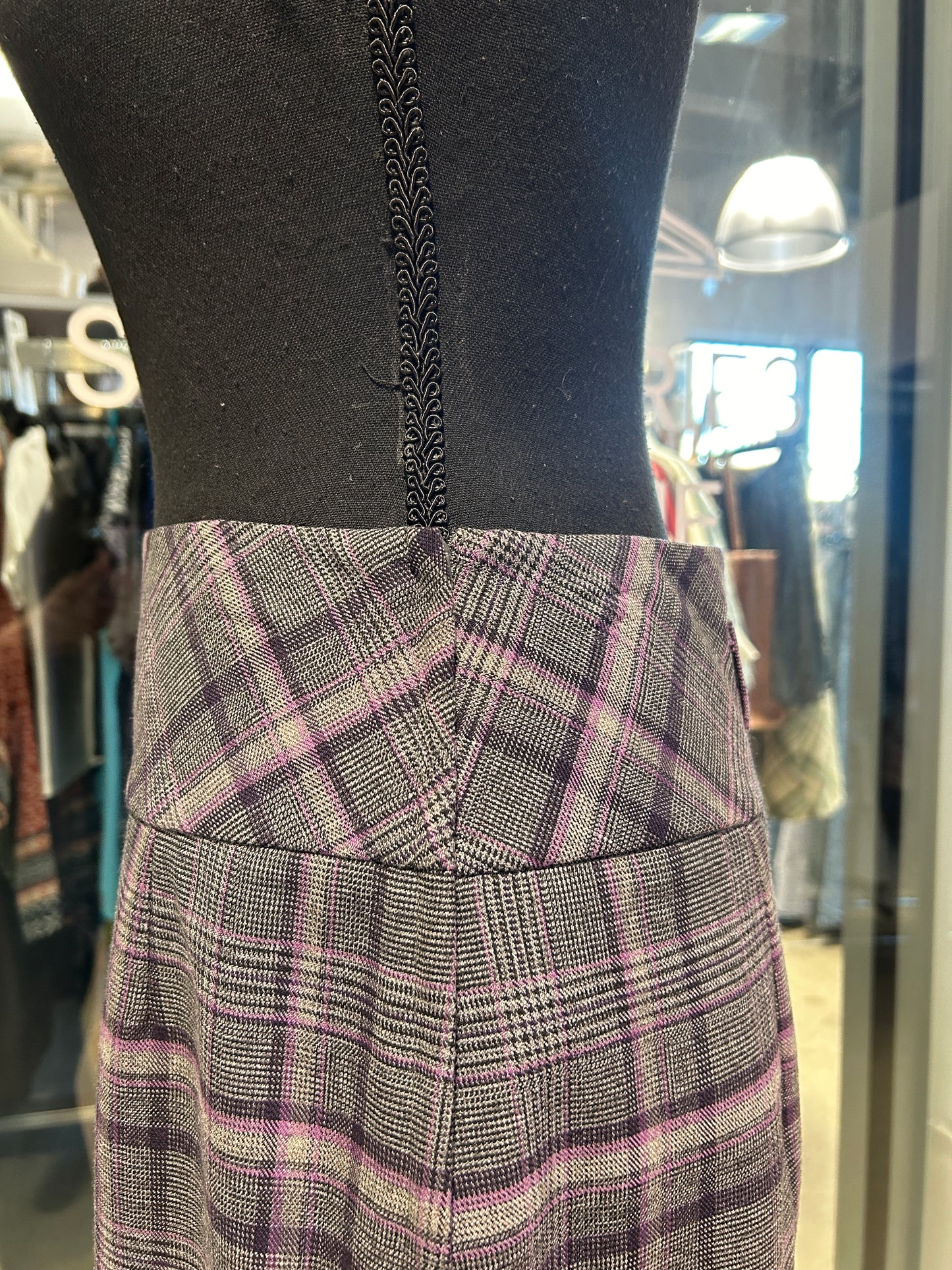 Grey and purple plaid midi pencil skirt