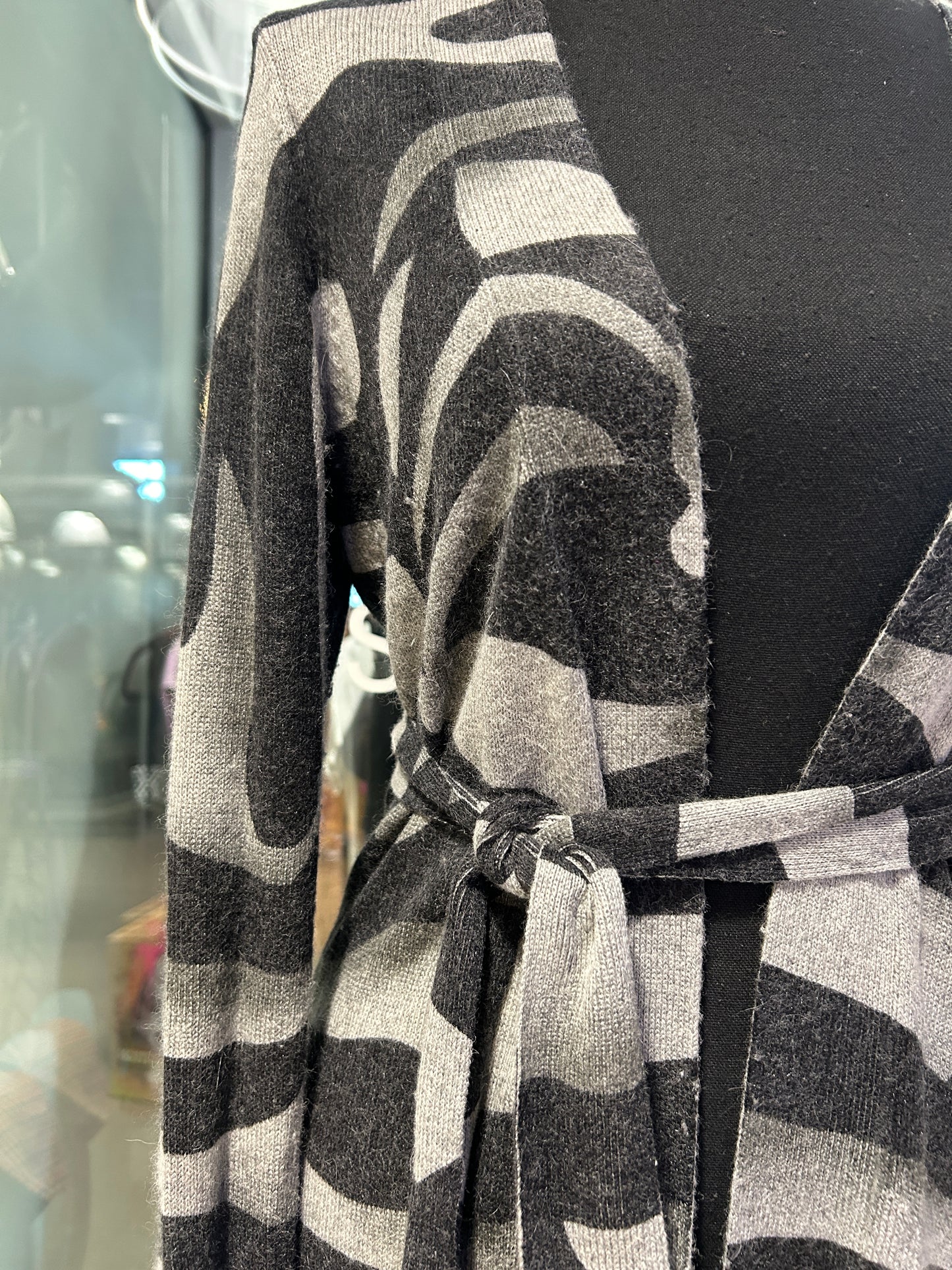 Grey and black zebra print cardigan with belt
