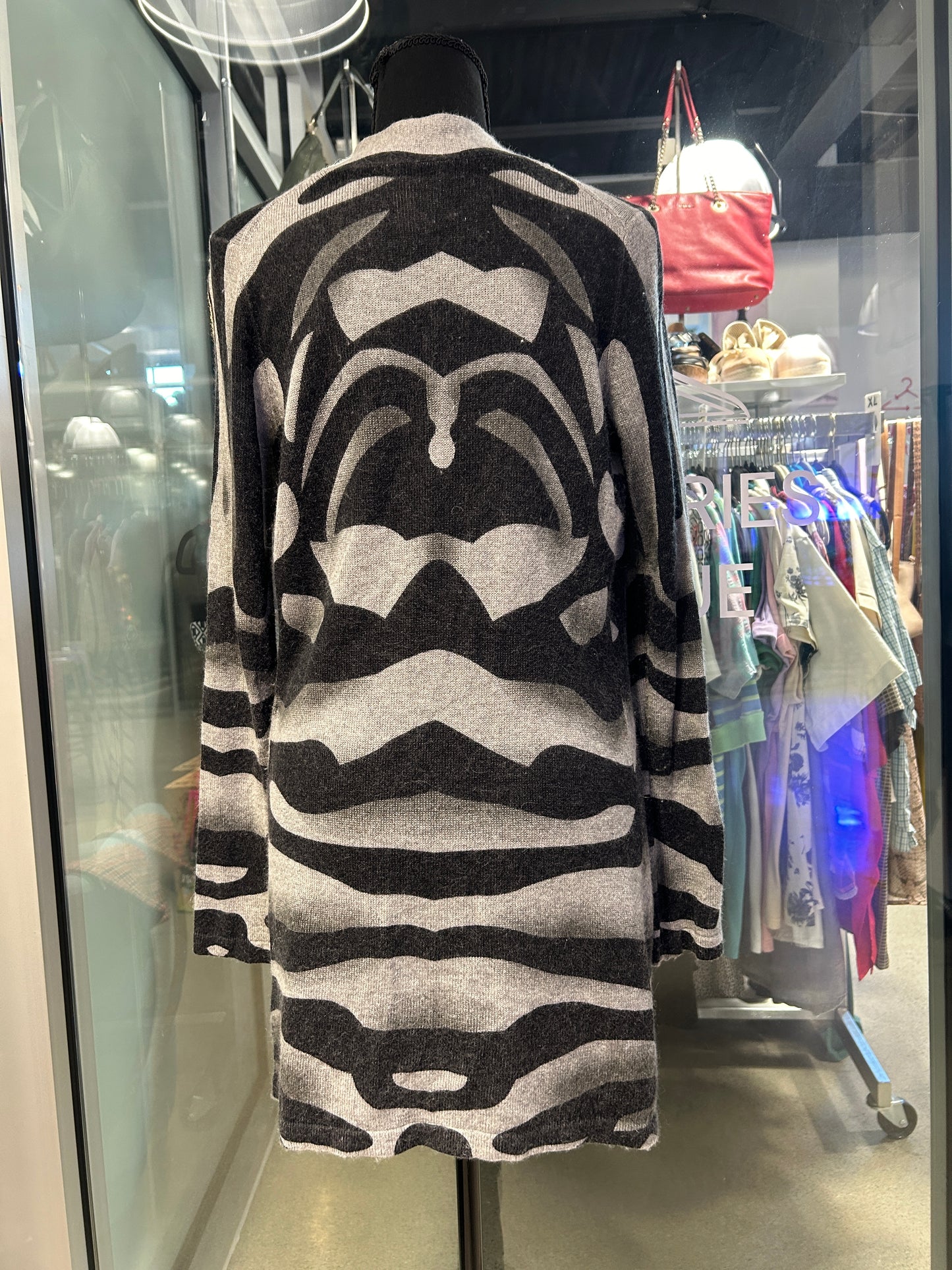 Grey and black zebra print cardigan with belt