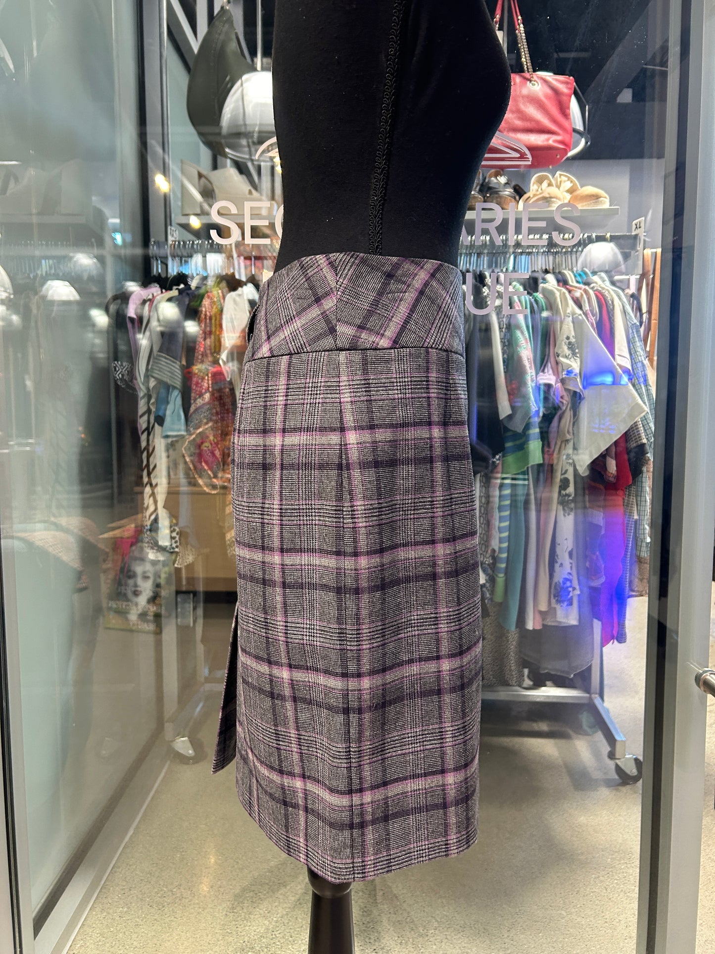 Grey and purple plaid midi pencil skirt