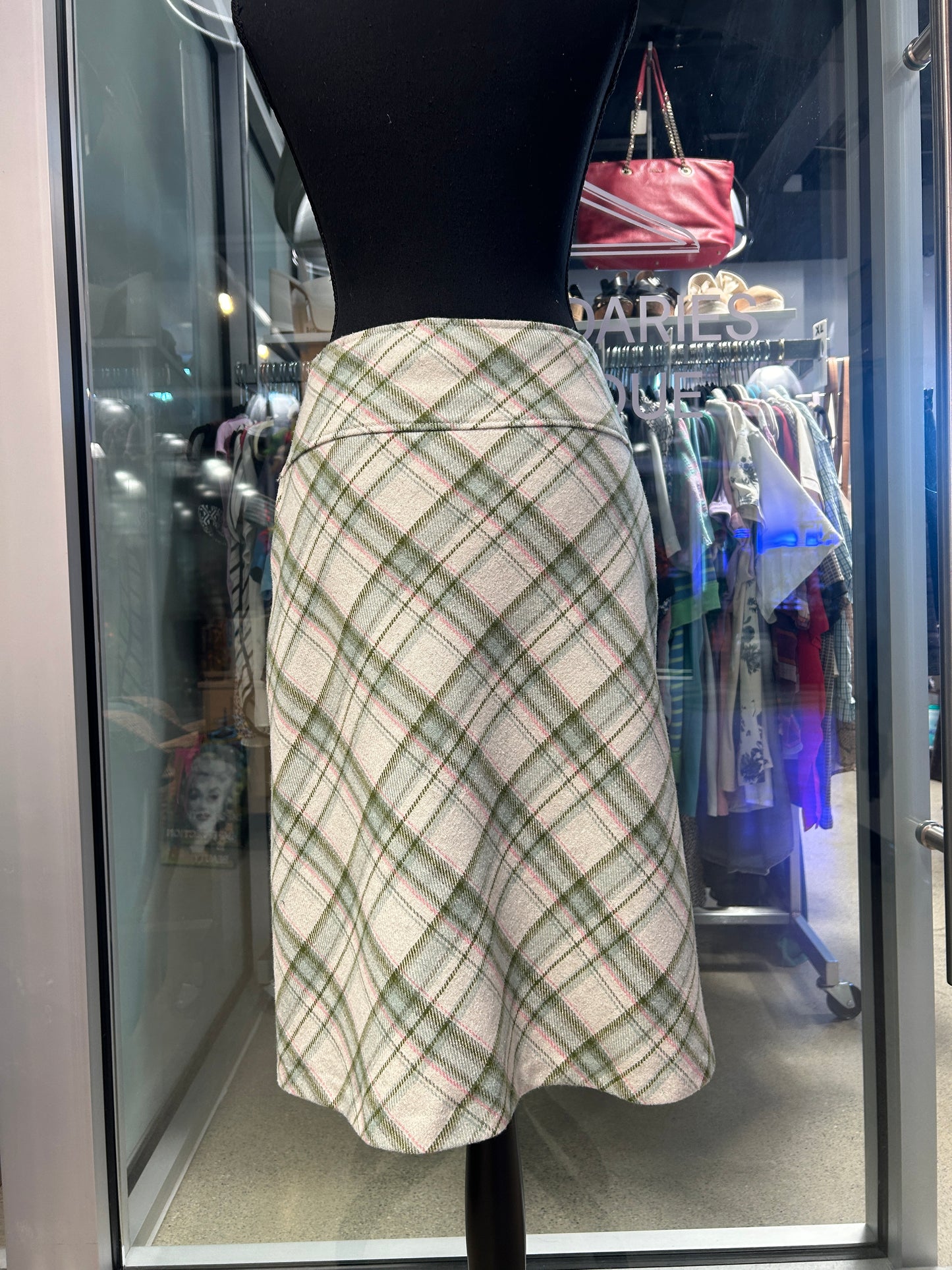 Pink and green plaid midi skirt
