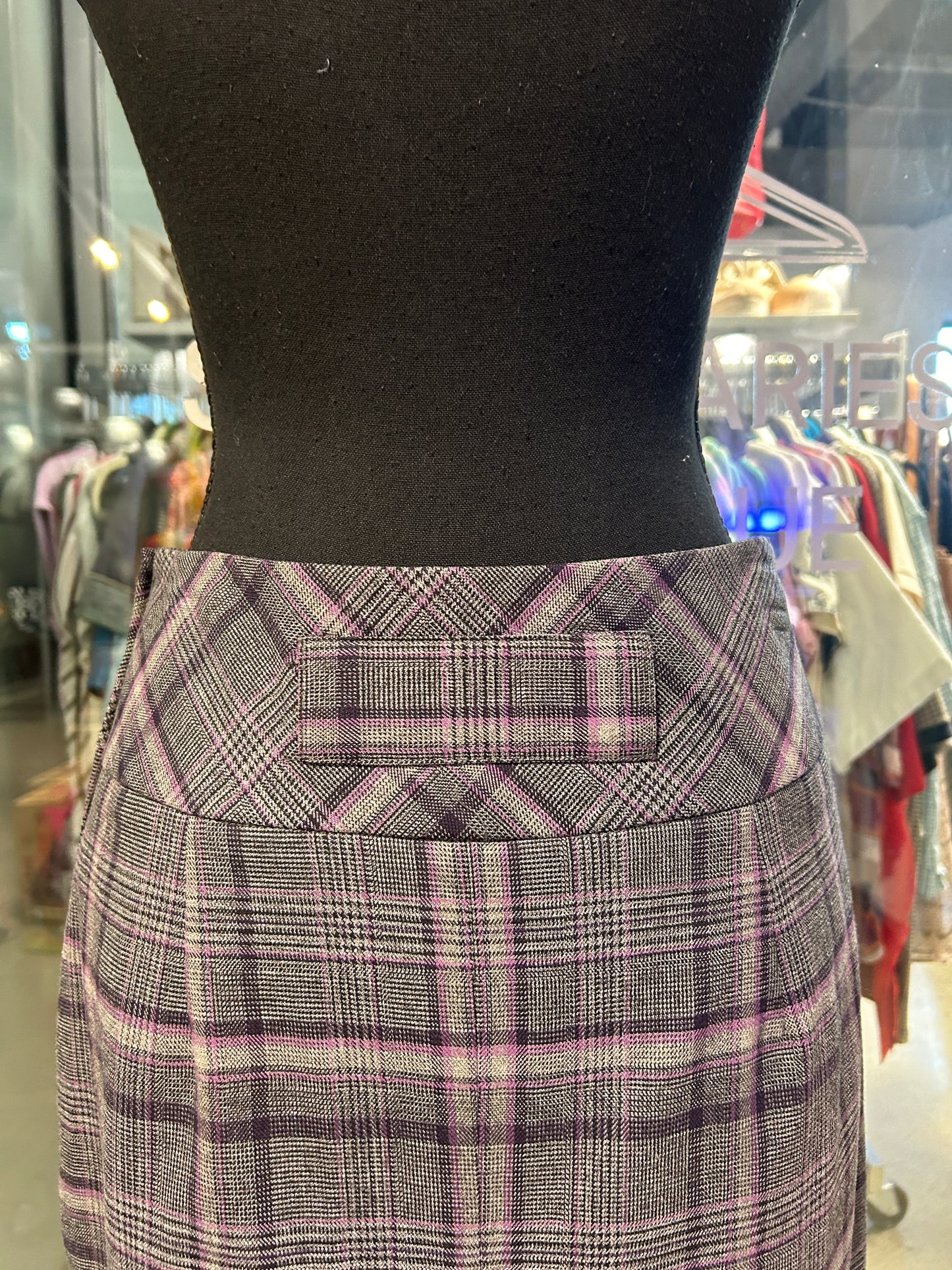 Grey and purple plaid midi pencil skirt