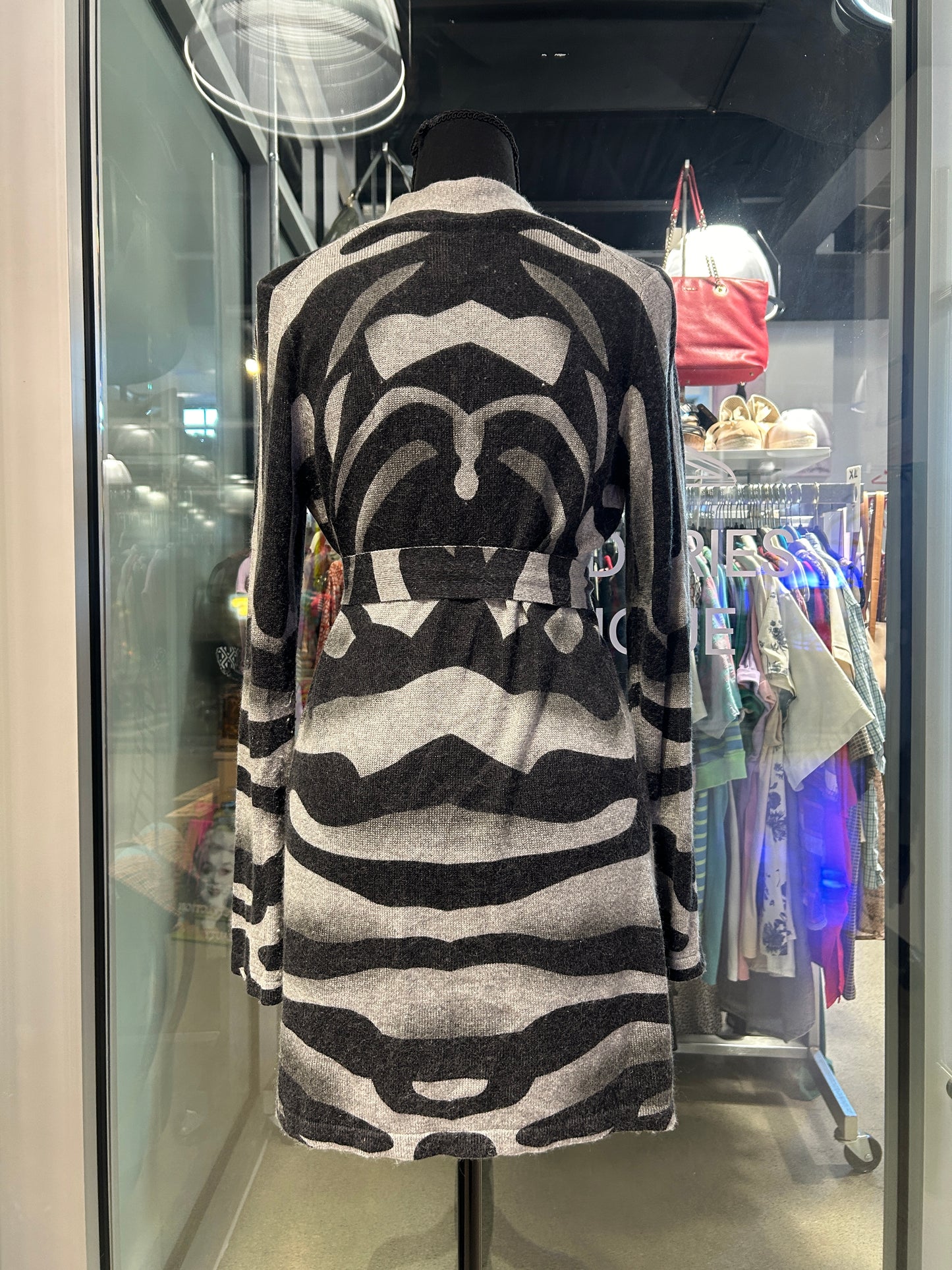 Grey and black zebra print cardigan with belt