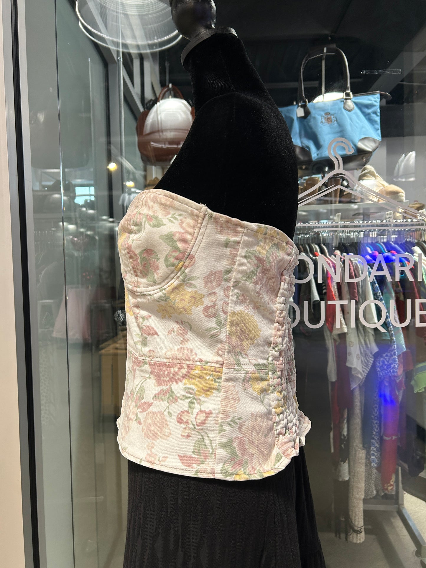 “Highway Jeans” floral denim corset top