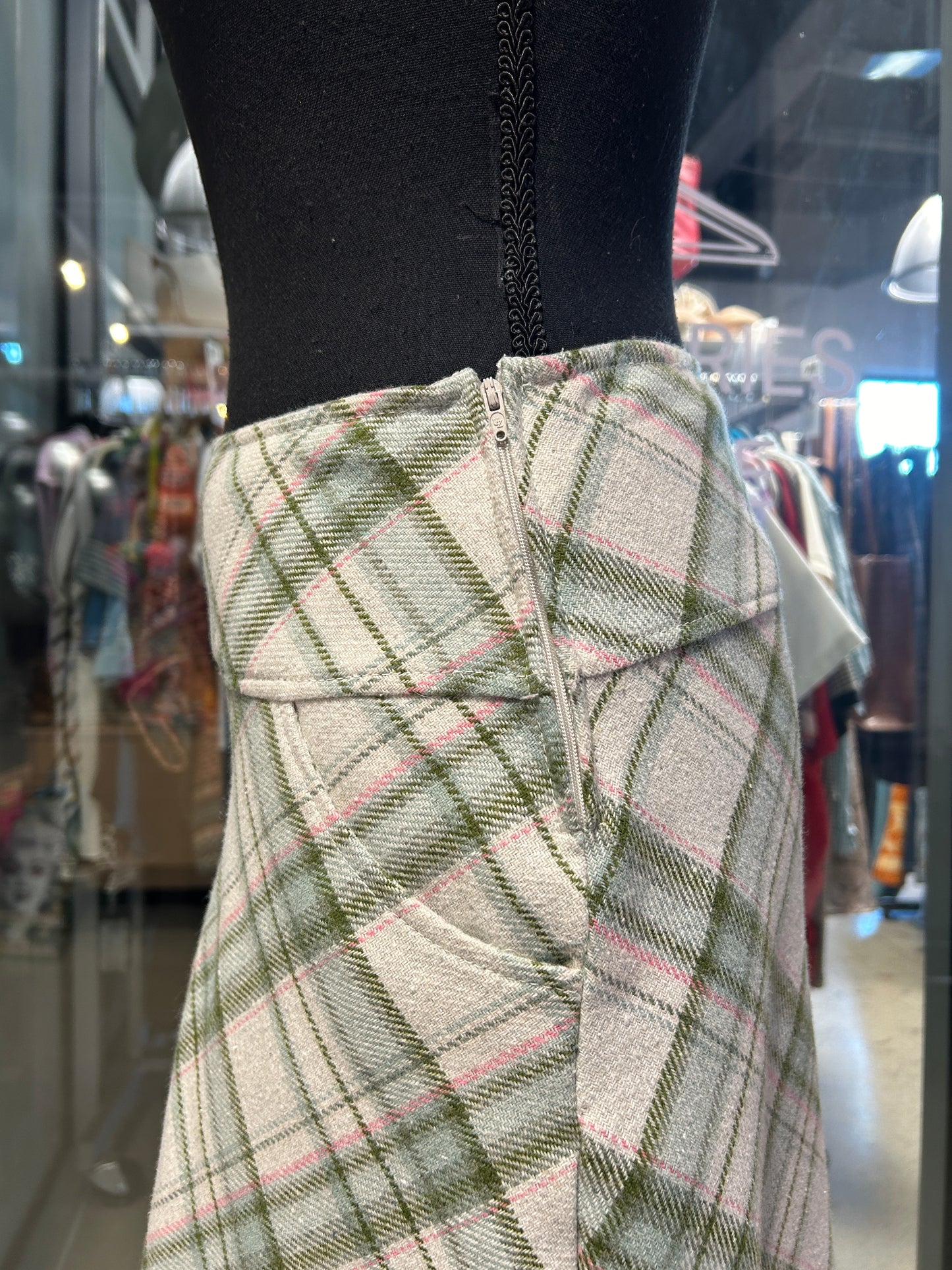 Pink and green plaid midi skirt