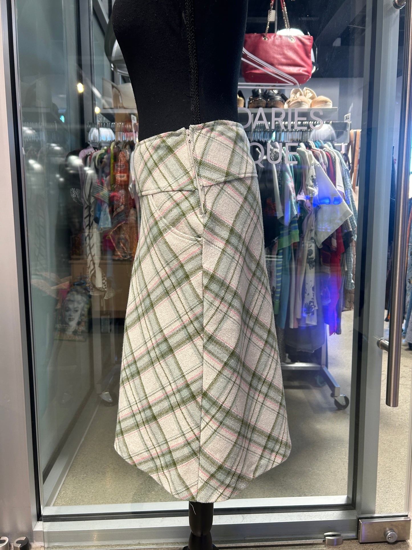 Pink and green plaid midi skirt
