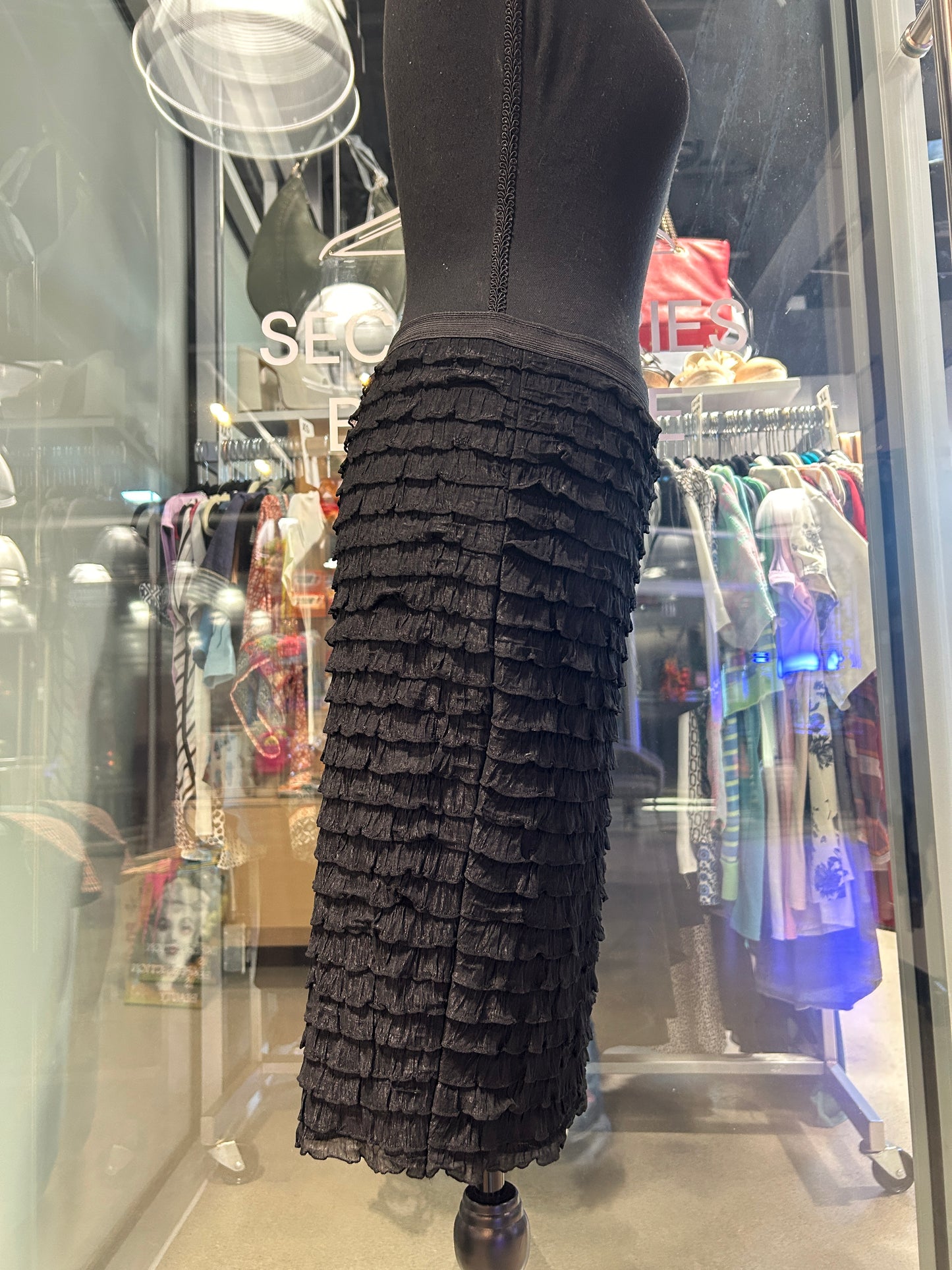 Black ruffle midi skirt