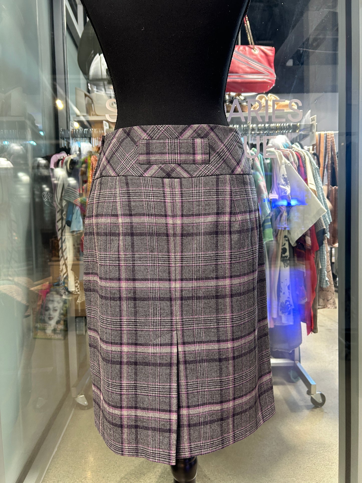 Grey and purple plaid midi pencil skirt